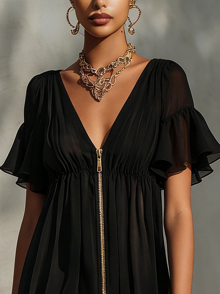 Arabella | Black mini dress with front zip, lace, and ruffled sleeves