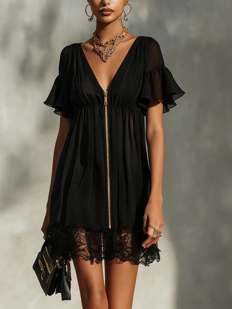 Arabella | Black mini dress with front zip, lace, and ruffled sleeves