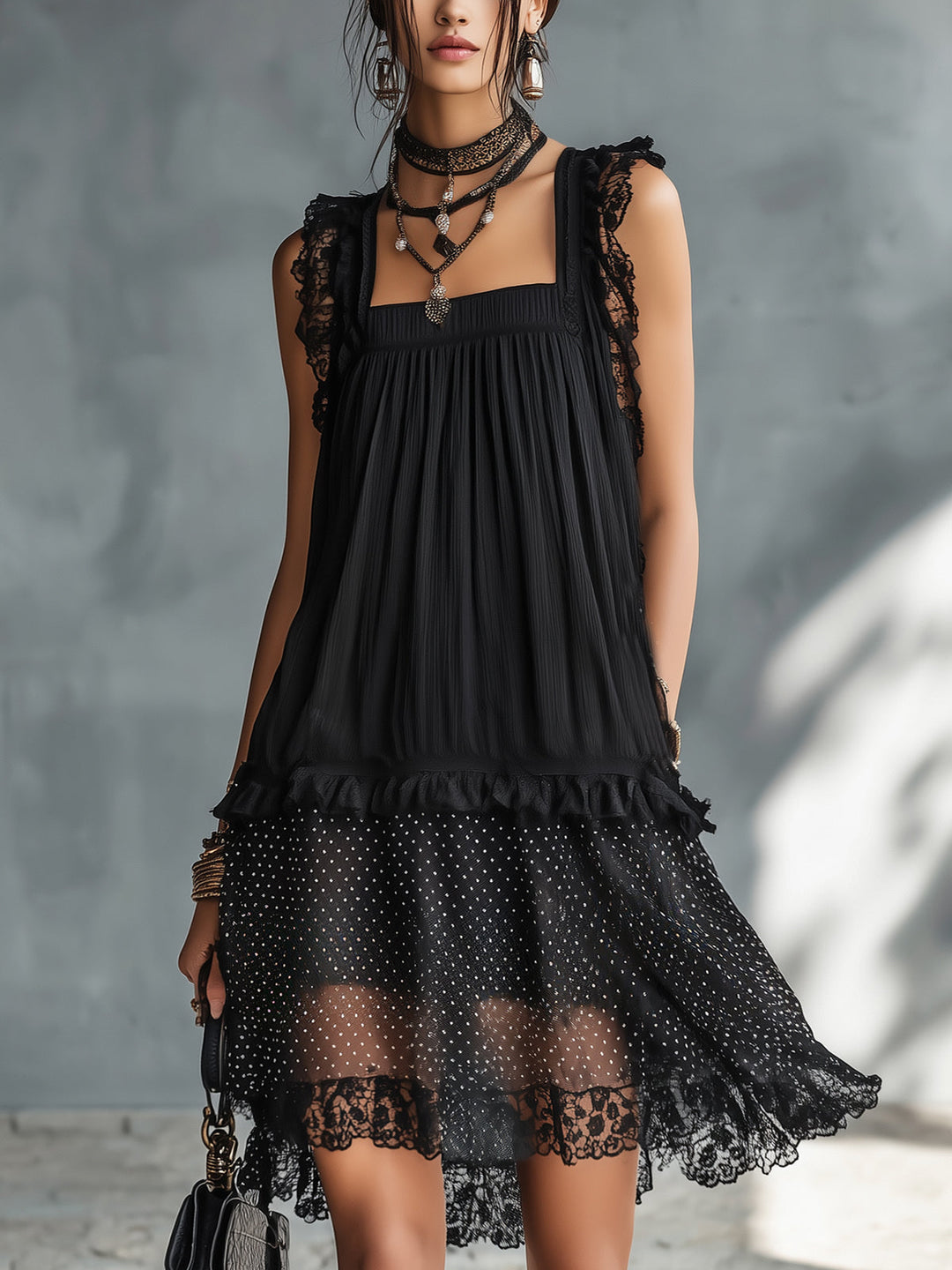 Myla | Black mini dress with transparent polka dots, lace trim, and ruffles