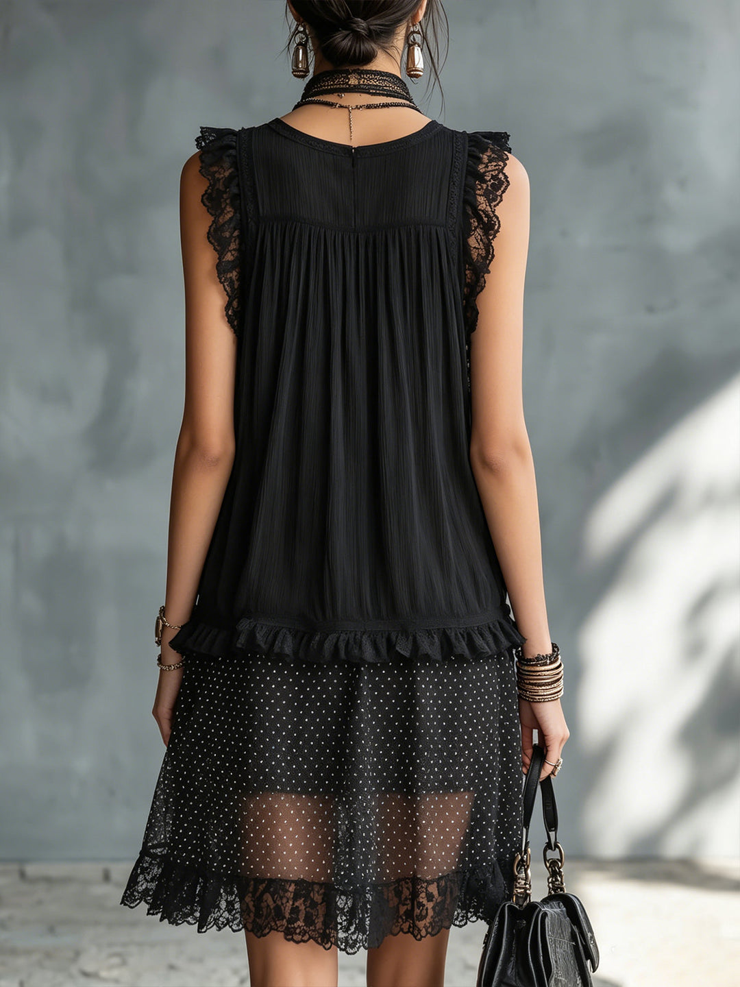 Myla | Black mini dress with transparent polka dots, lace trim, and ruffles