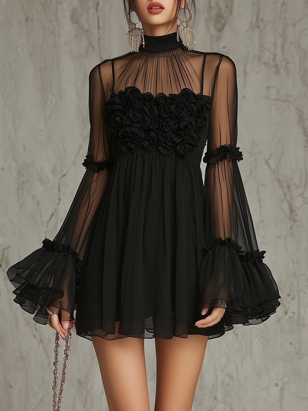Rosalba | Mini black transparent dress with high collar and floral appliqués