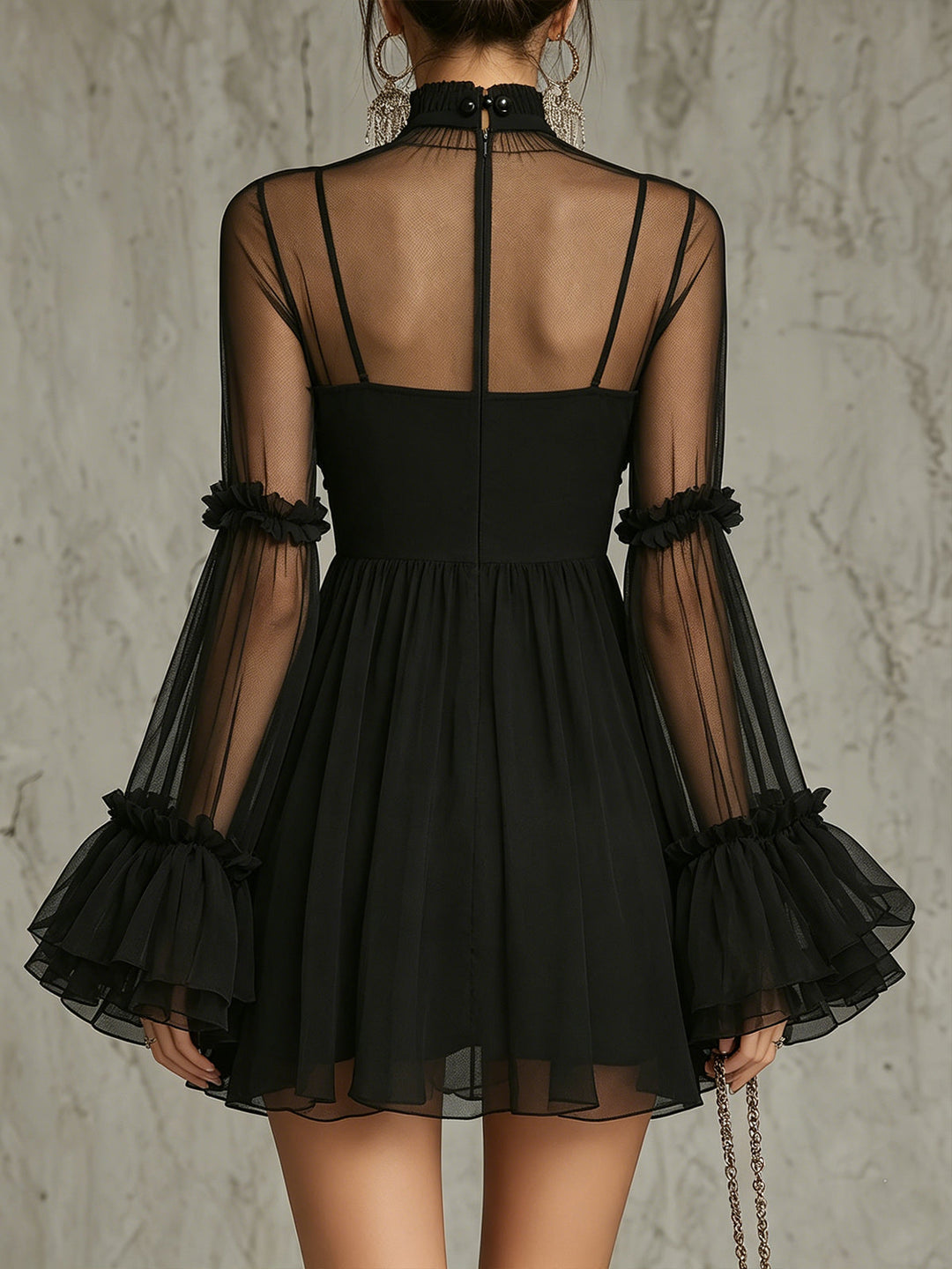 Rosalba | Mini black transparent dress with high collar and floral appliqués