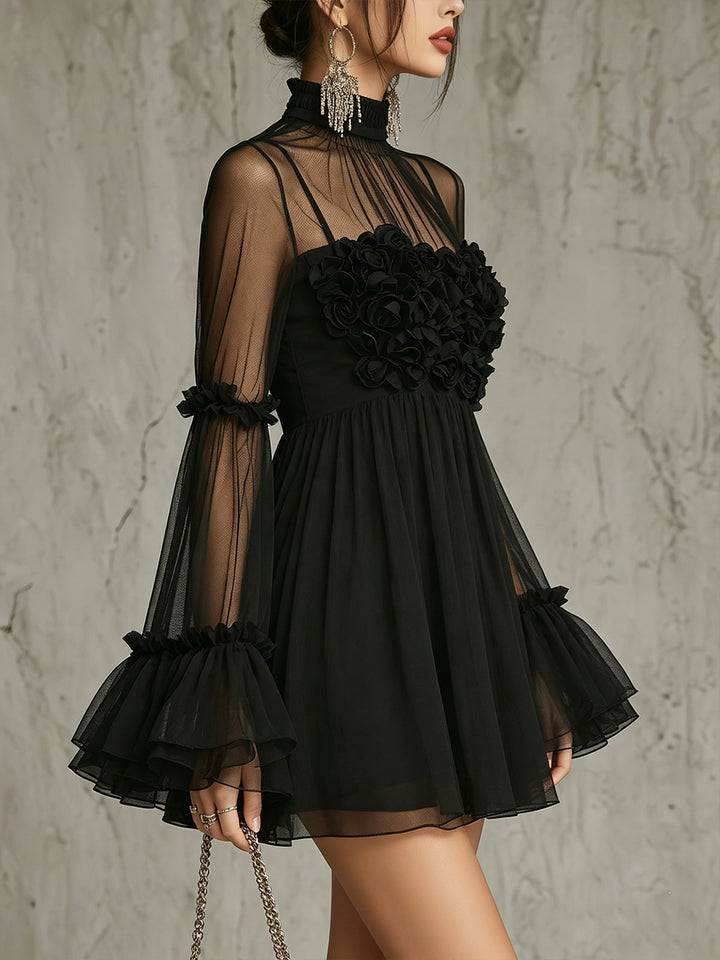 Rosalba | Mini black transparent dress with high collar and floral appliqués