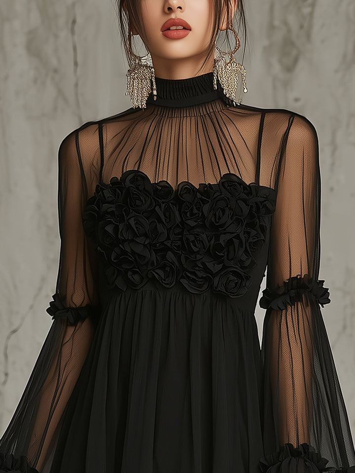 Rosalba | Mini black transparent dress with high collar and floral appliqués