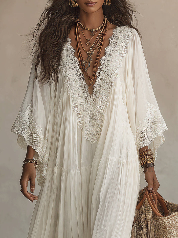 Celeste | Long Chiffon Dress with Batwing Sleeves and Lace