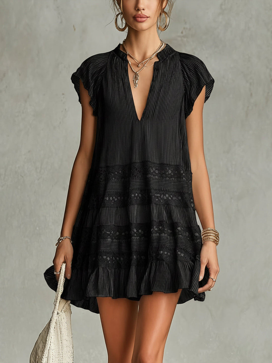 Rachele | Black Mini Dress with Lace and Ruffles