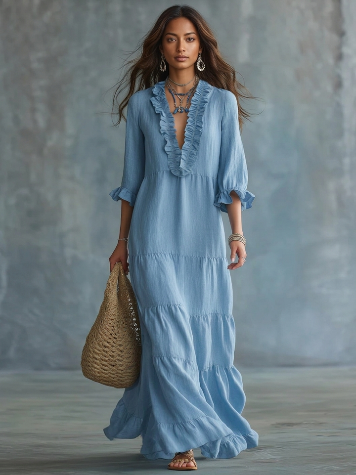 Anita | Sky Blue Boho Maxi Dress with V-Neck and Ruffles