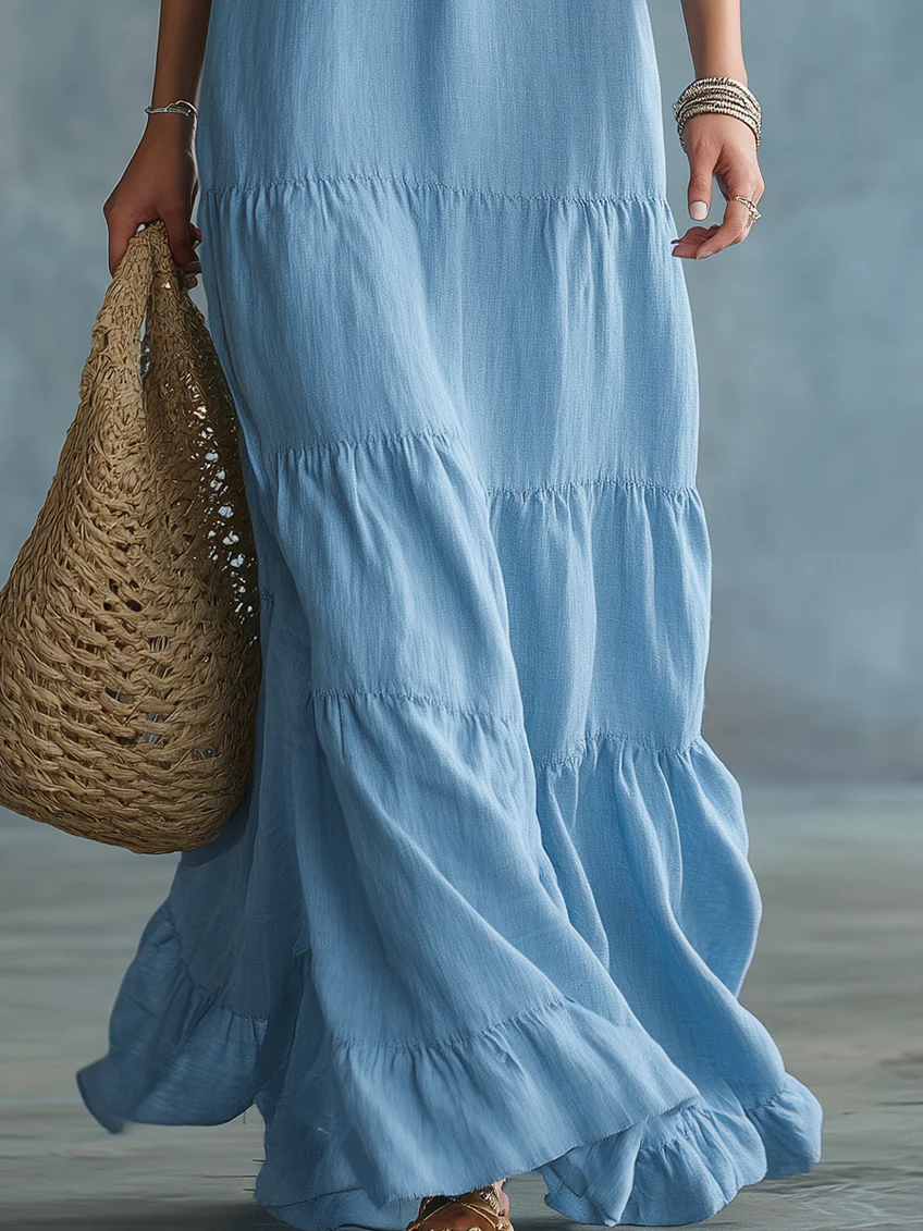 Anita | Sky Blue Boho Maxi Dress with V-Neck and Ruffles