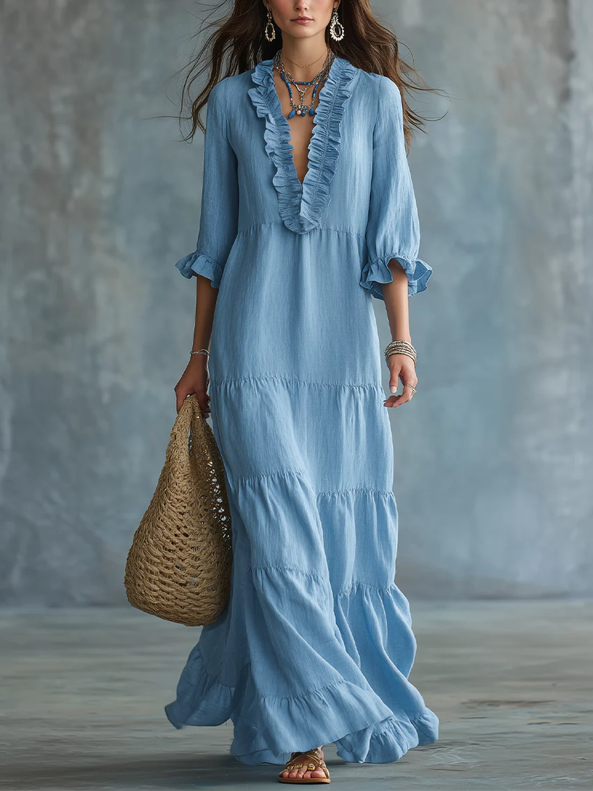 Anita | Sky Blue Boho Maxi Dress with V-Neck and Ruffles