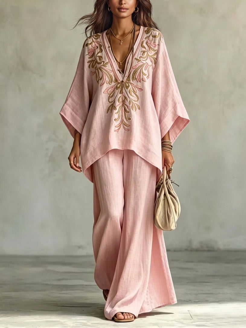 Marianna | Pink suit with embroidered cape top and wide-leg pants
