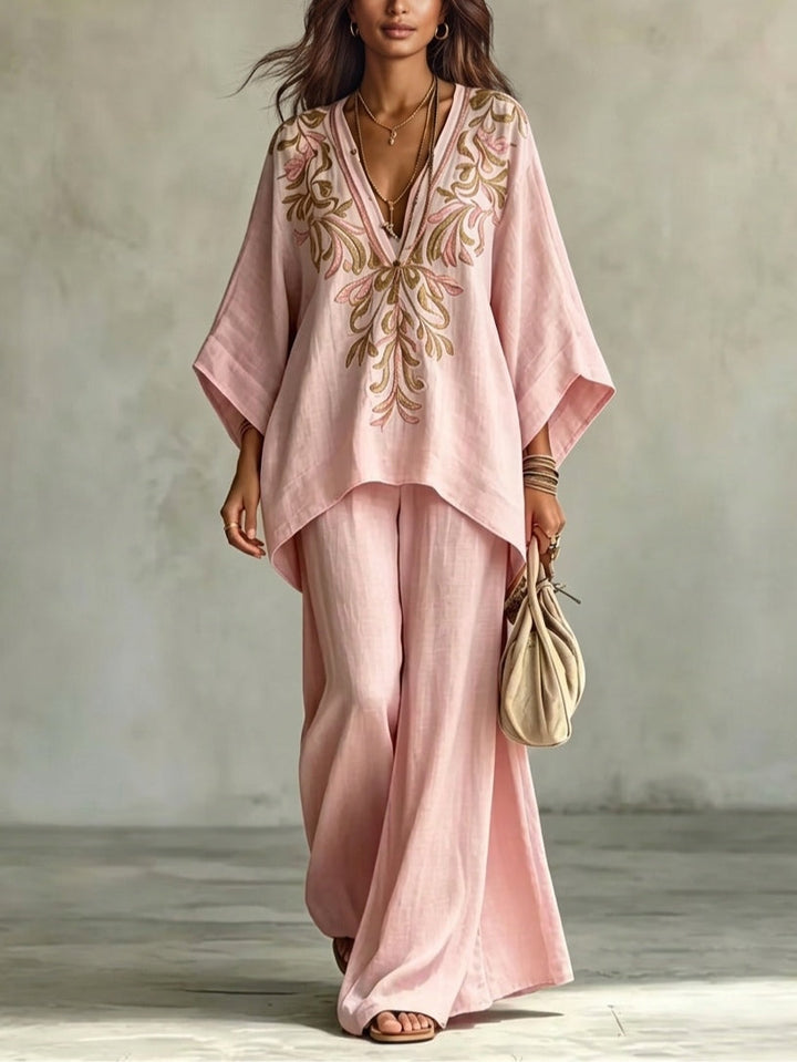 Marianna | Pink suit with embroidered cape top and wide-leg pants