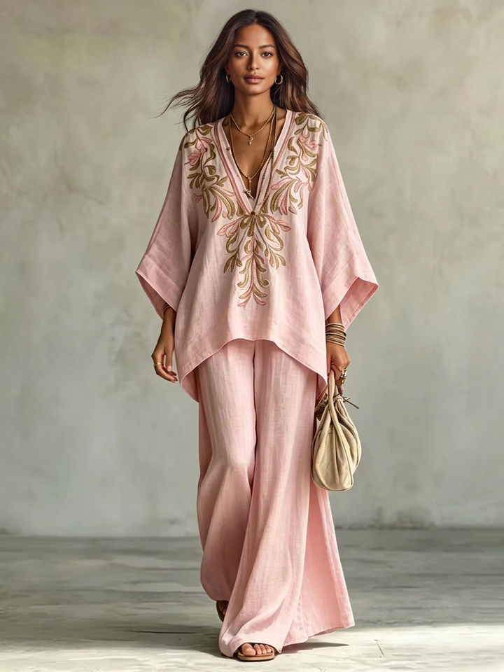 Marianna | Pink suit with embroidered cape top and wide-leg pants