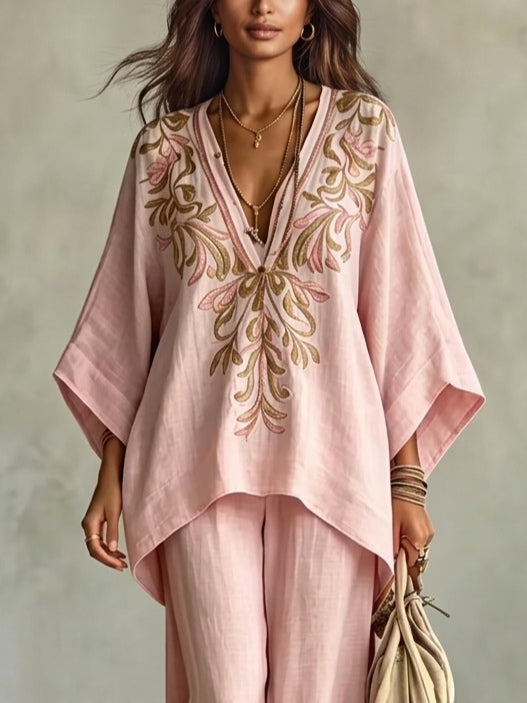 Marianna | Pink suit with embroidered cape top and wide-leg pants