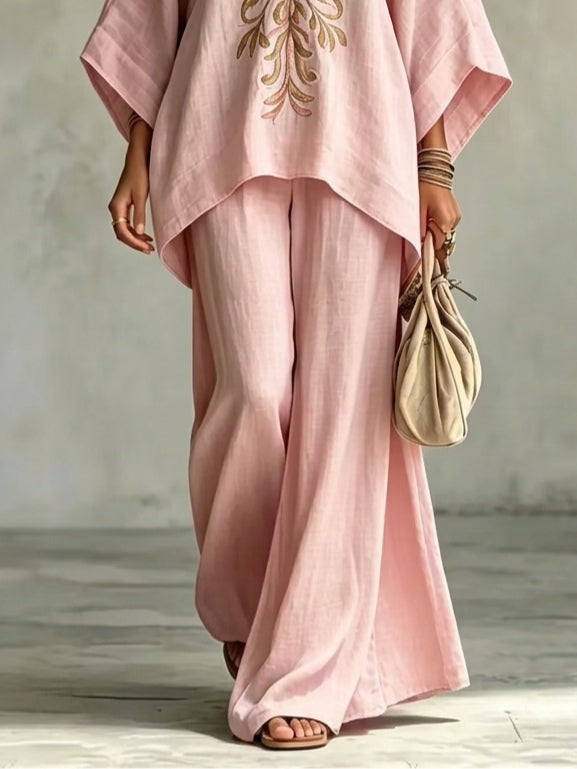 Marianna | Pink suit with embroidered cape top and wide-leg pants