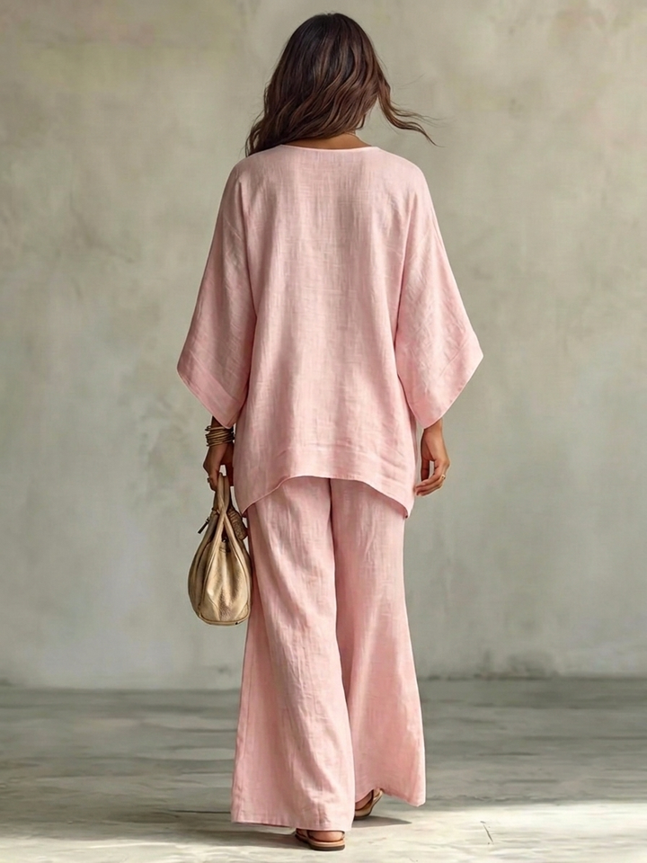 Marianna | Pink suit with embroidered cape top and wide-leg pants