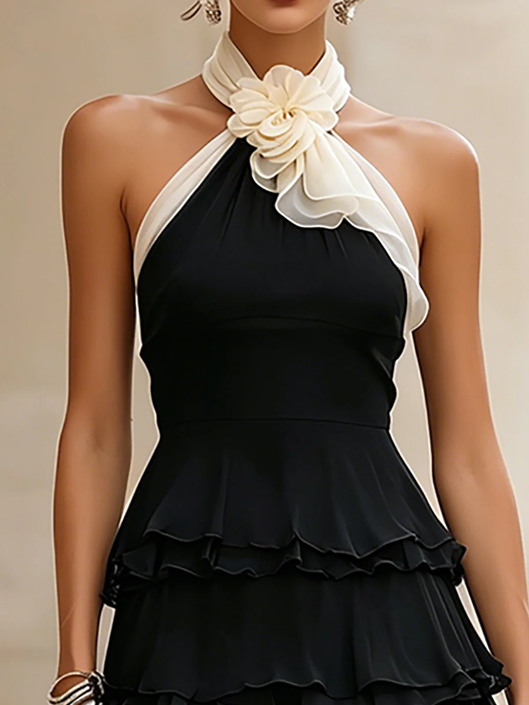 Nancy | Black layered mini dress in chiffon with floral pattern and halterneck neckline