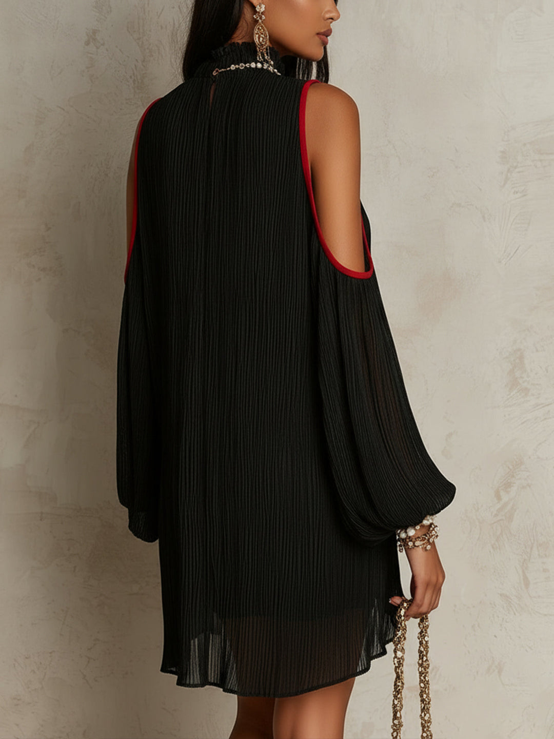 Donna | Black pleated chiffon mini dress with off-the-shoulder design and red trim