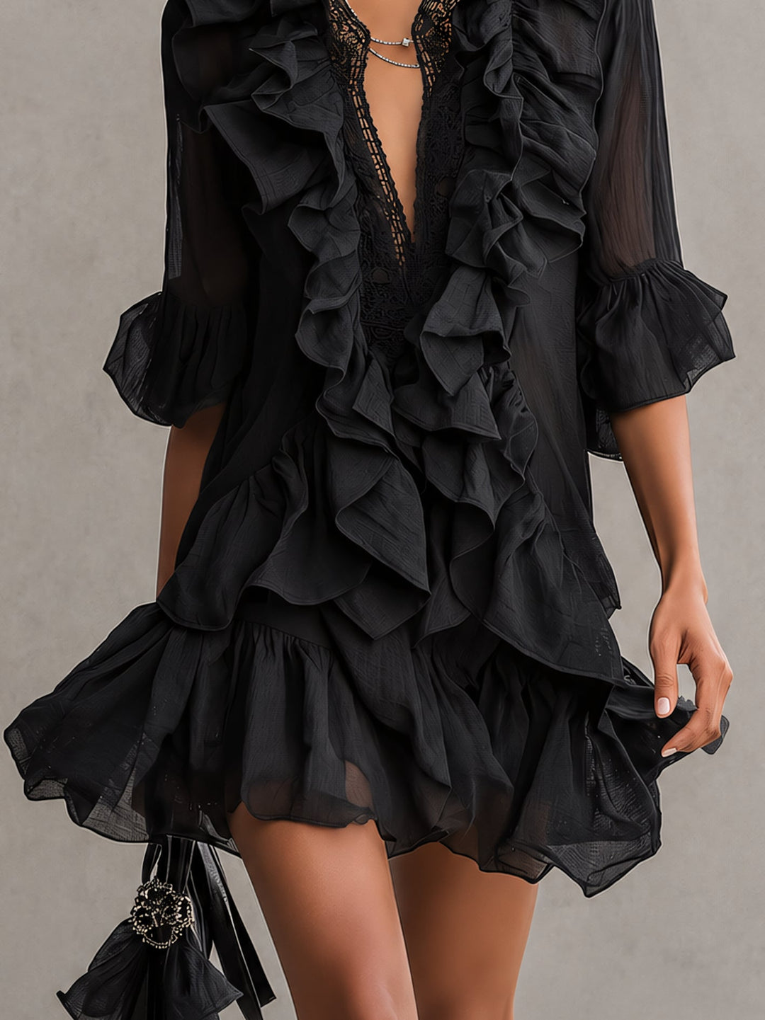 Mary | Black Mini Dress in Chiffon Lace with Ruffles