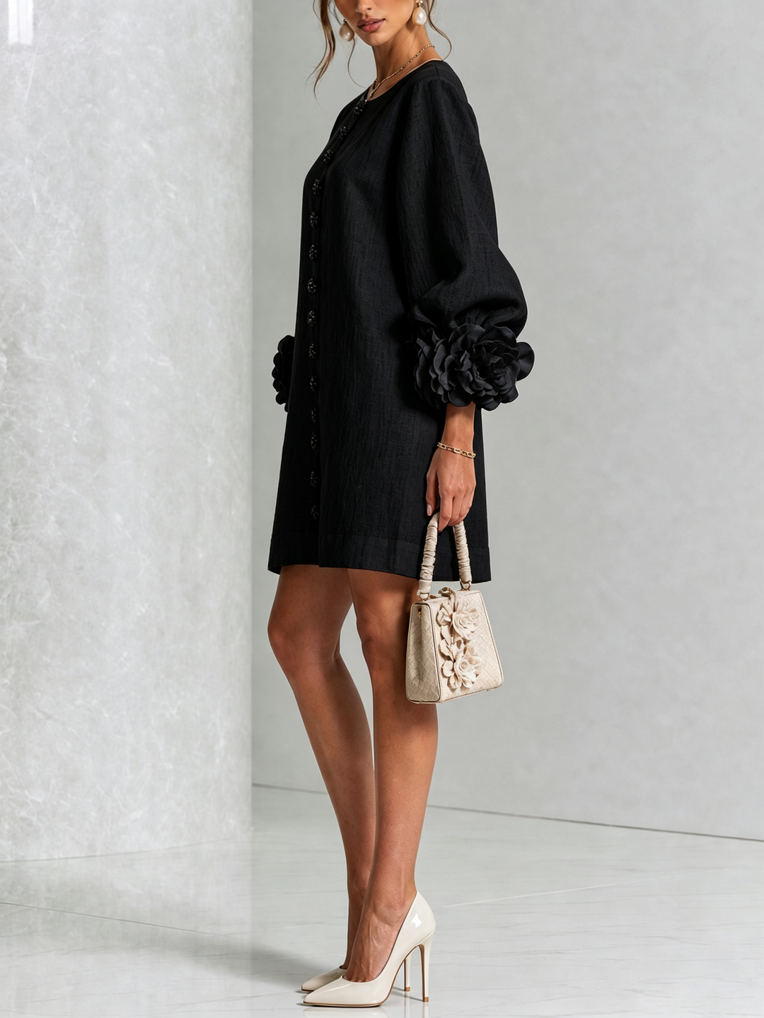 Black Floral Button-Down Mini Dress with Striking Floral Cuffs