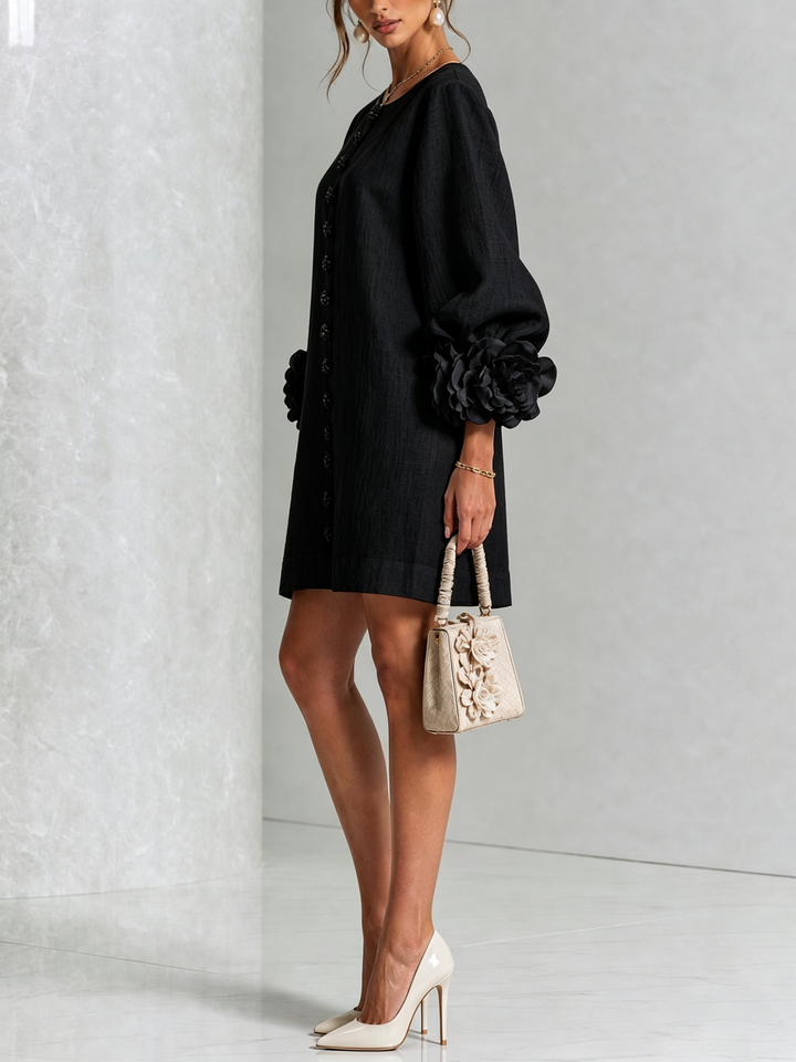 Black Floral Button-Down Mini Dress with Striking Floral Cuffs