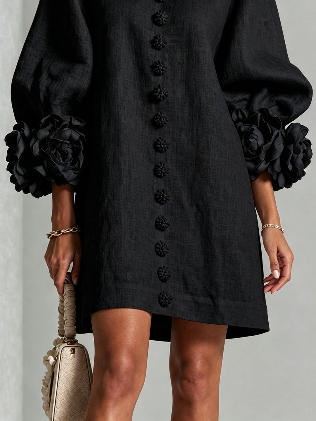 Black Floral Button-Down Mini Dress with Striking Floral Cuffs