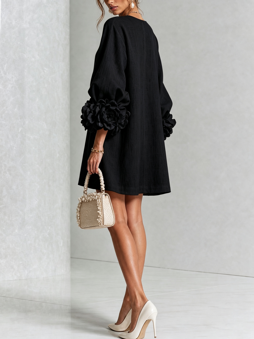 Black Floral Button-Down Mini Dress with Striking Floral Cuffs