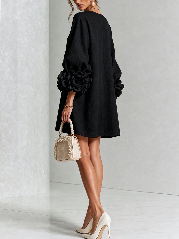 Black Floral Button-Down Mini Dress with Striking Floral Cuffs