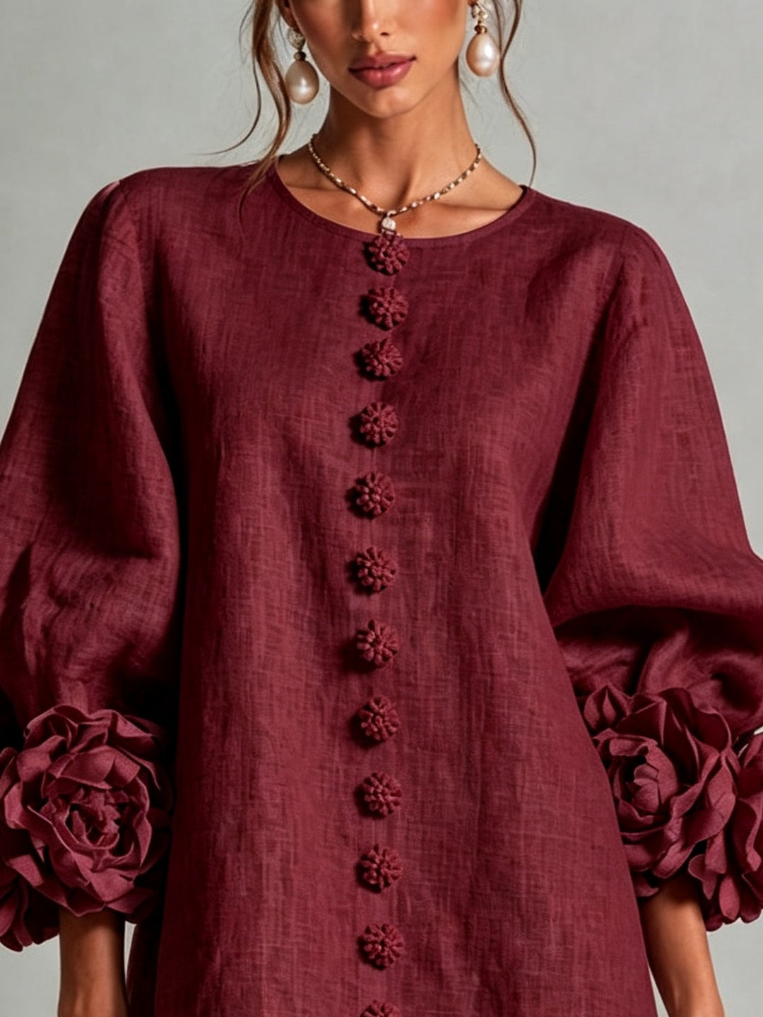 Burgundy Floral Button-Down Mini Dress with Striking Floral Cuffs