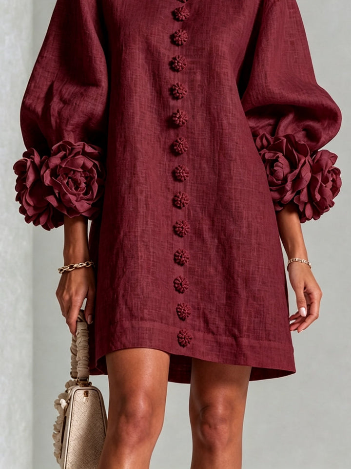 Burgundy Floral Button-Down Mini Dress with Striking Floral Cuffs