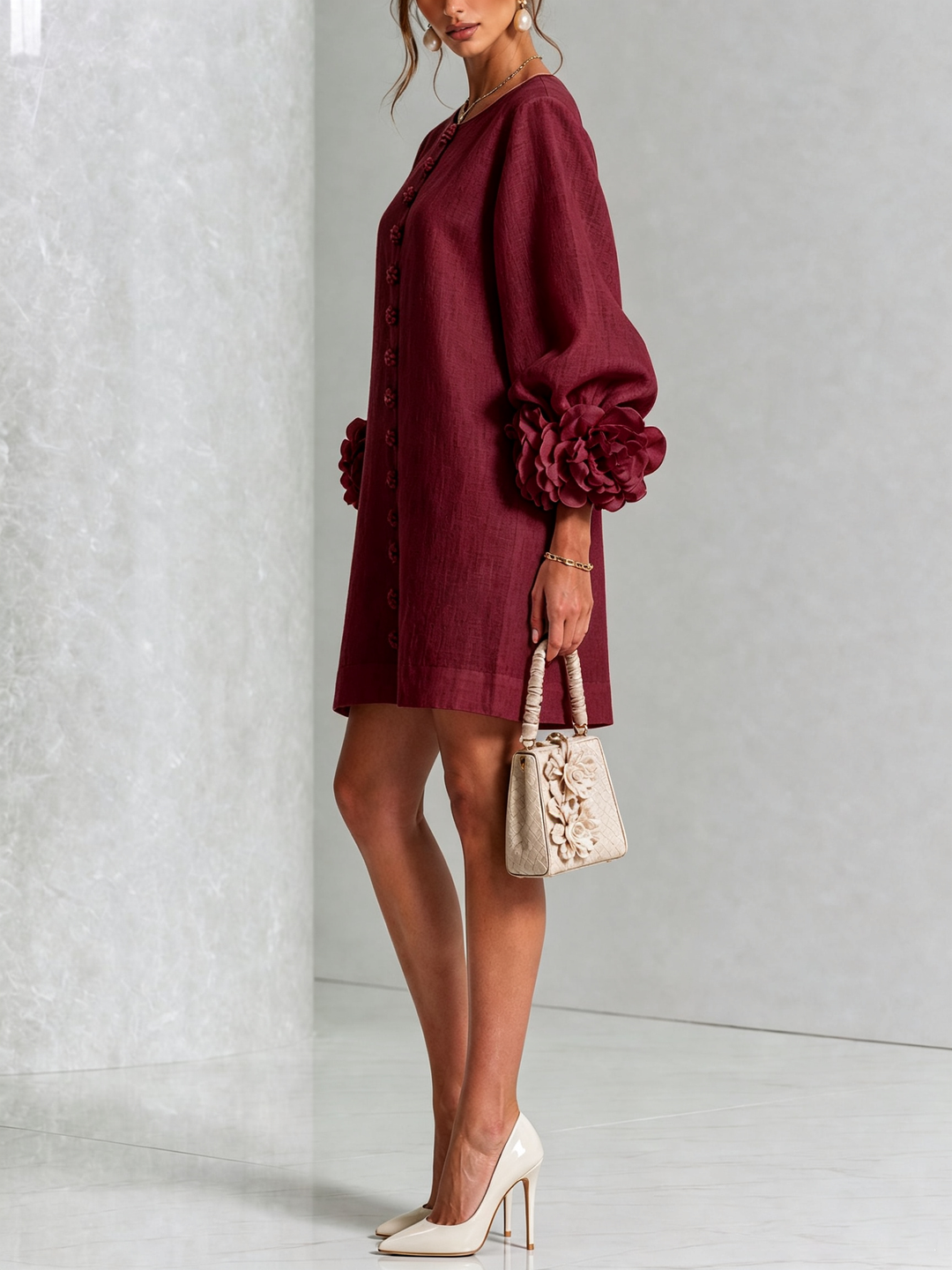 Burgundy Floral Button-Down Mini Dress with Striking Floral Cuffs