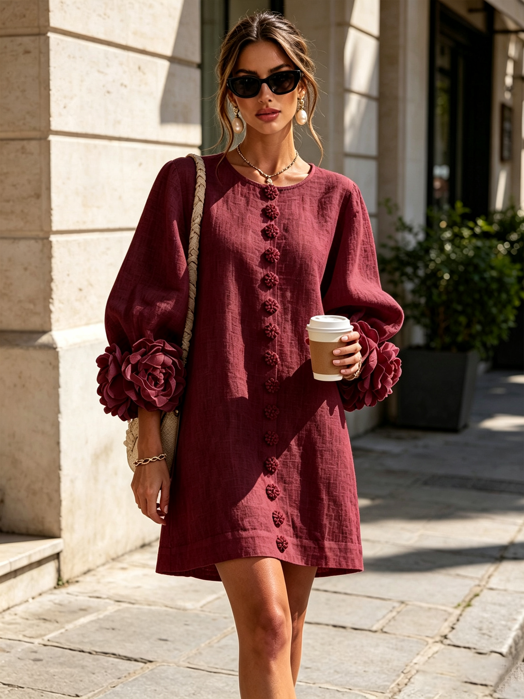 Burgundy Floral Button-Down Mini Dress with Striking Floral Cuffs