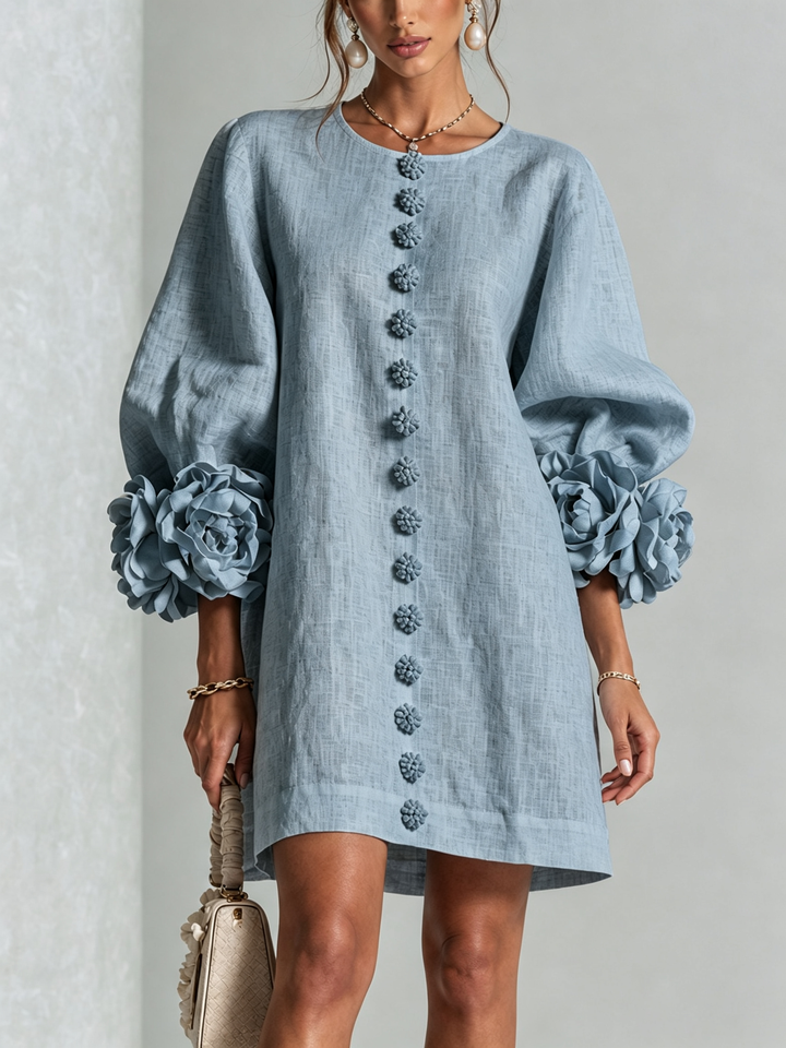 Dusty Blue Floral Button-Down Mini Dress with Striking Floral Cuffs