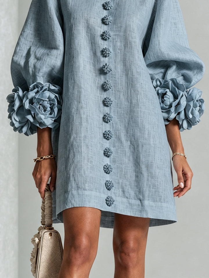 Dusty Blue Floral Button-Down Mini Dress with Striking Floral Cuffs