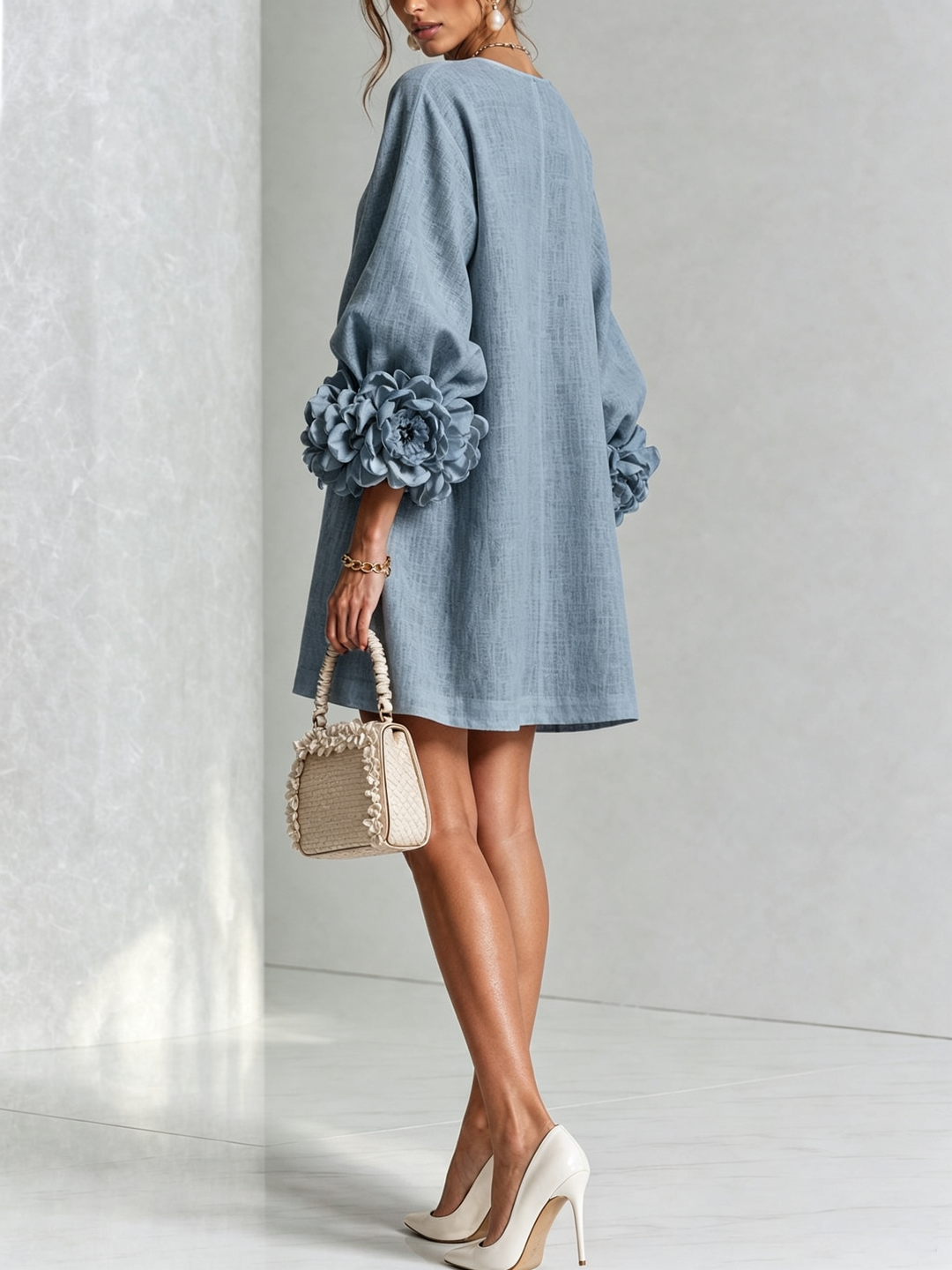 Dusty Blue Floral Button-Down Mini Dress with Striking Floral Cuffs
