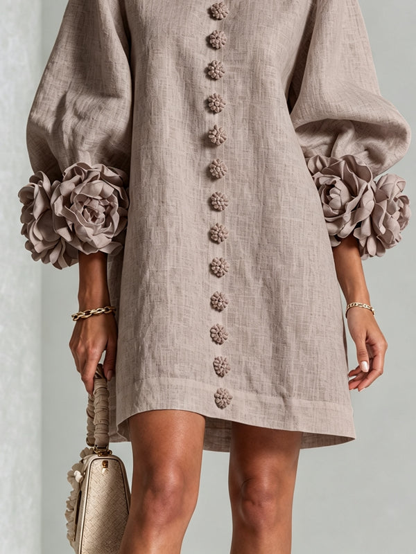 Mushroom Taupe Floral Button-Down Mini Dress with Striking Floral Cuffs