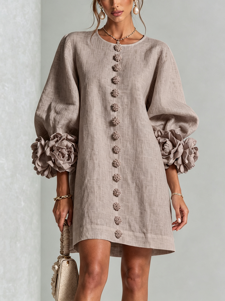 Mushroom Taupe Floral Button-Down Mini Dress with Striking Floral Cuffs