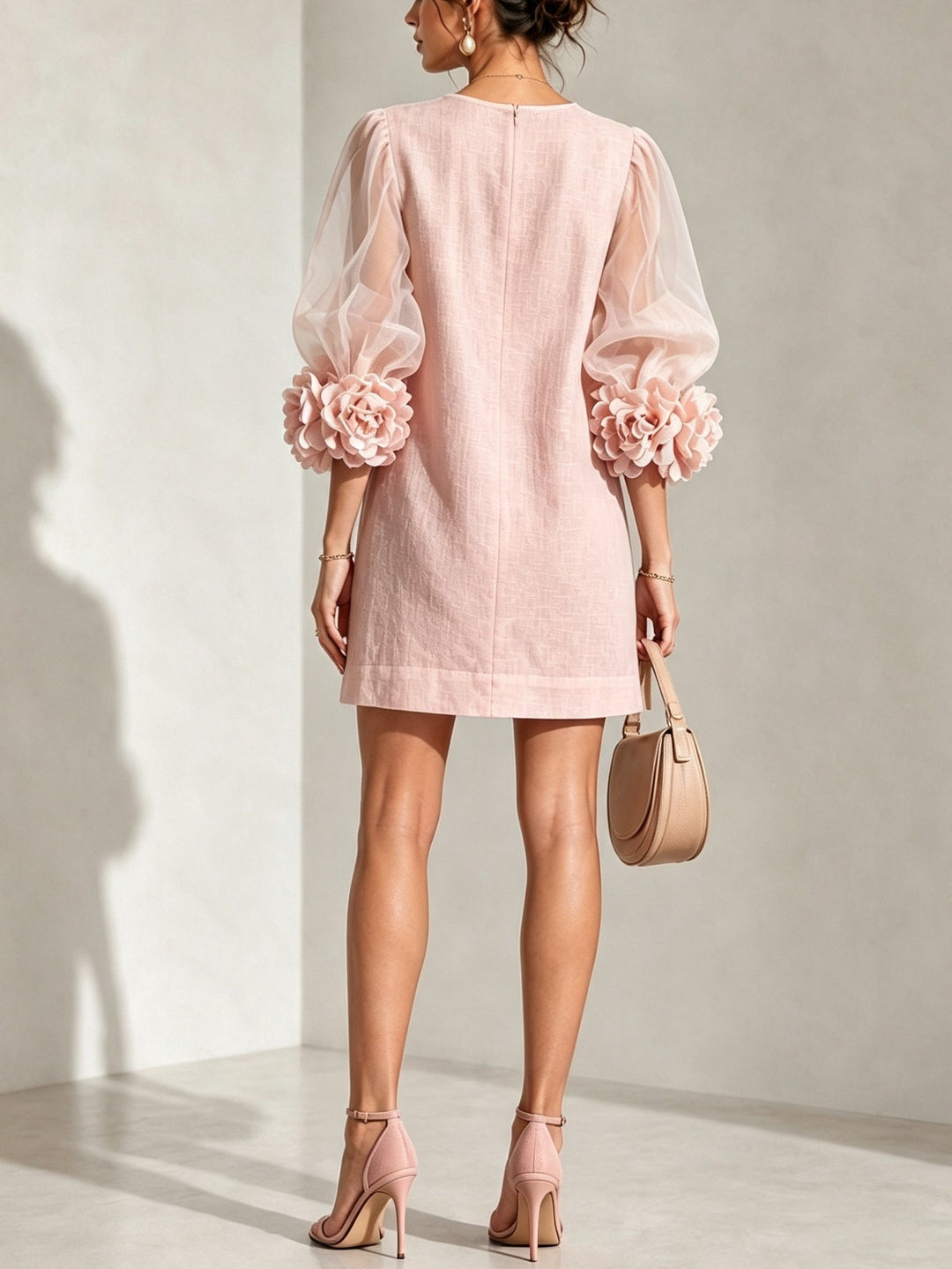 Pink Sheer Puff-Sleeve Mini Dress with Striking Floral Cuffs