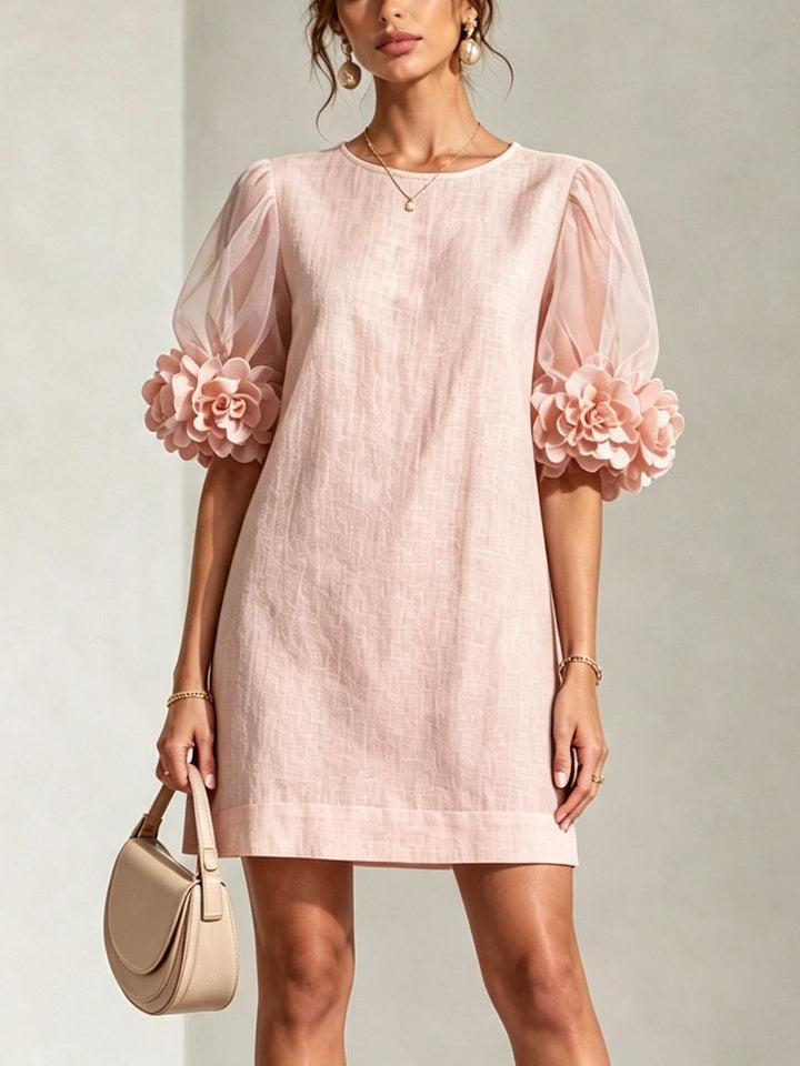Pink Sheer Puff-Sleeve Mini Dress with Striking Floral Cuffs