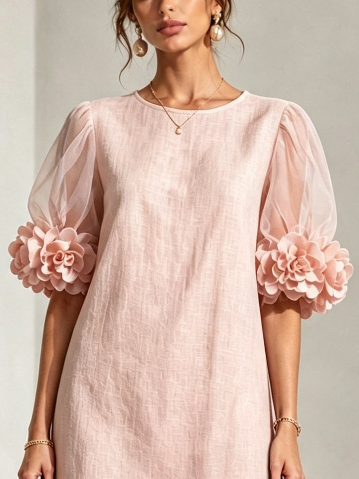 Pink Sheer Puff-Sleeve Mini Dress with Striking Floral Cuffs