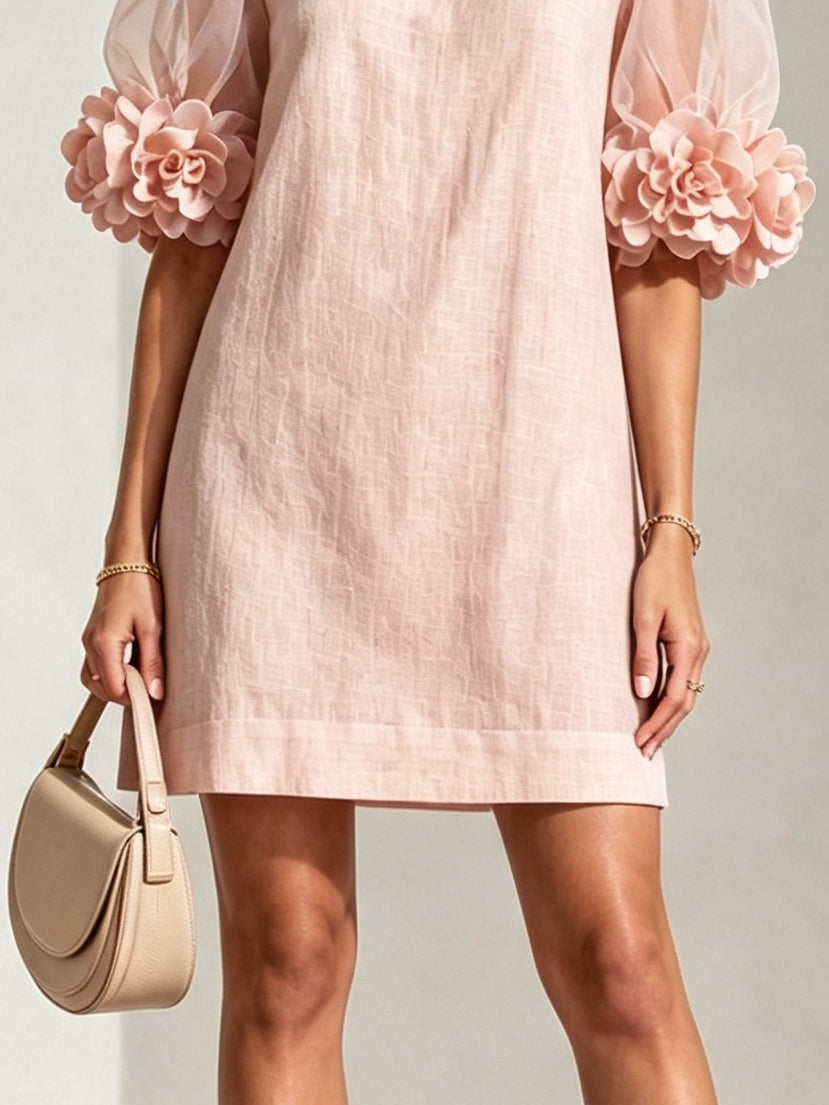 Pink Sheer Puff-Sleeve Mini Dress with Striking Floral Cuffs