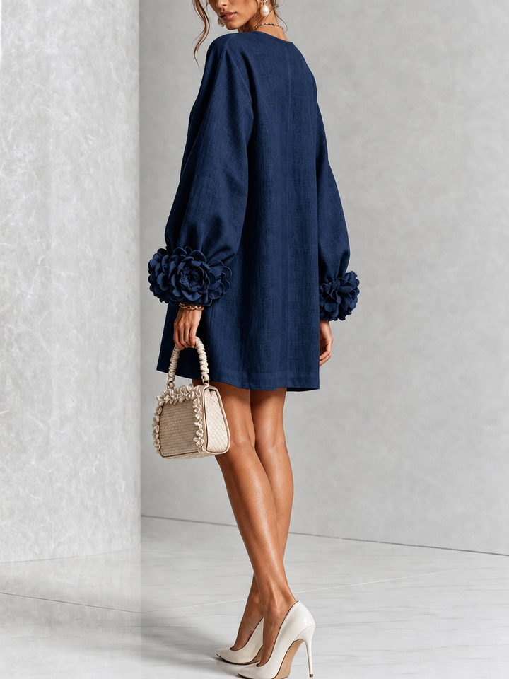 Navy Long Sleeve Floral Button-Down Mini Dress with Striking Floral Cuffs