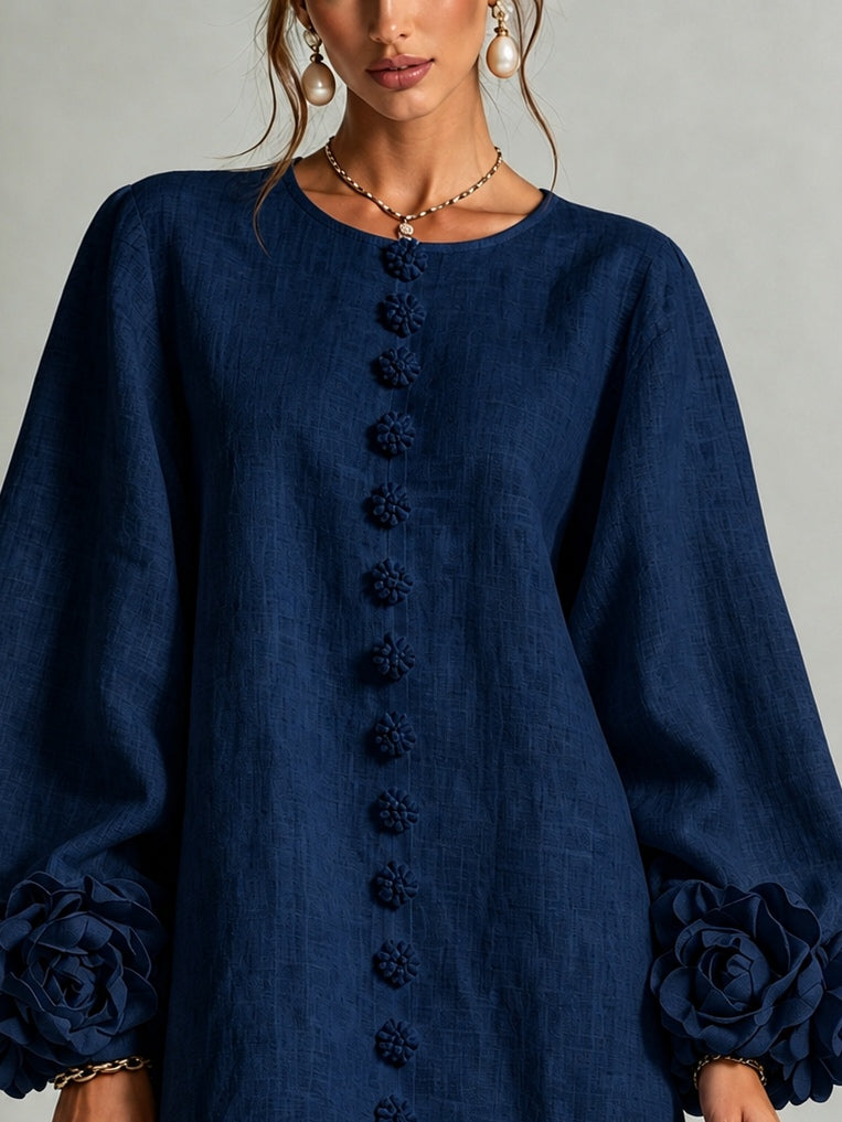 Navy Long Sleeve Floral Button-Down Mini Dress with Striking Floral Cuffs