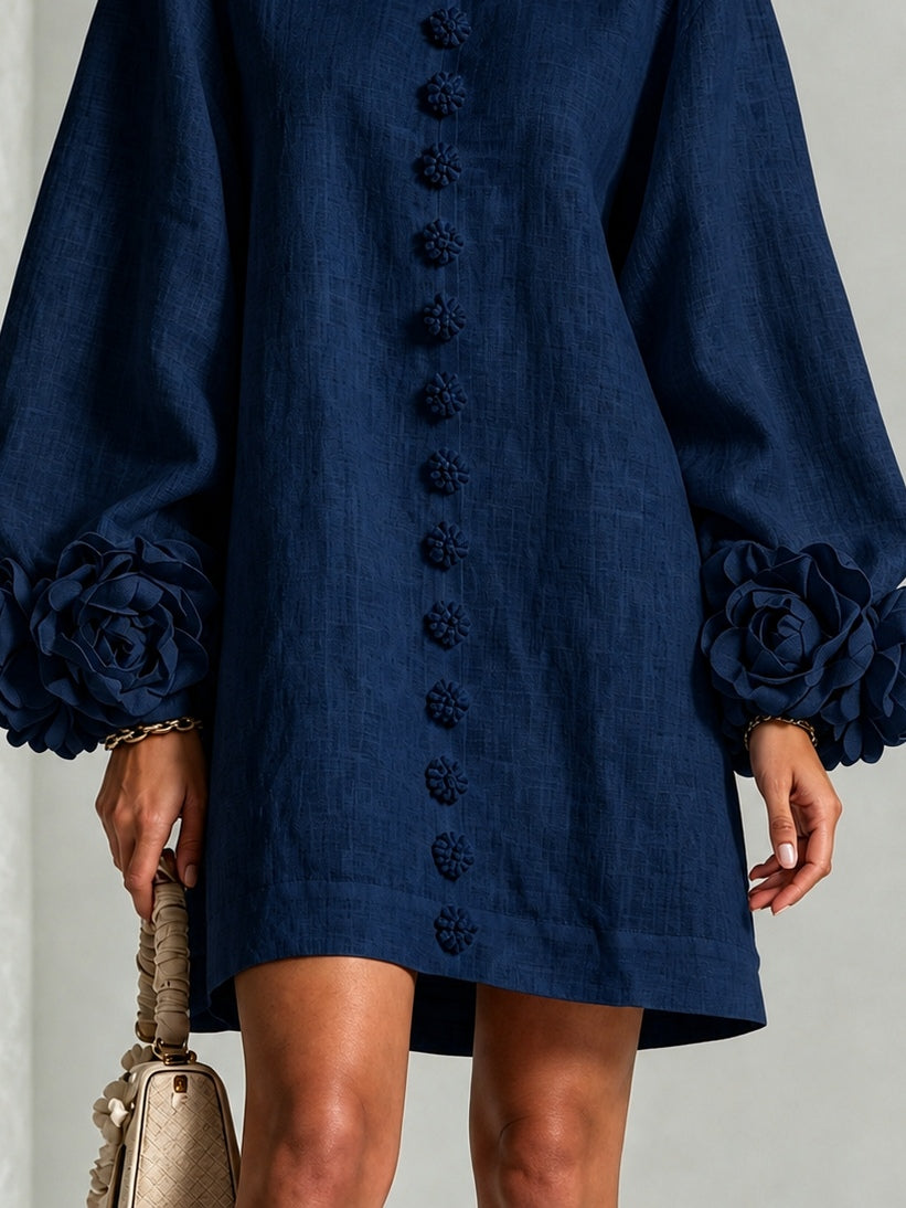 Navy Long Sleeve Floral Button-Down Mini Dress with Striking Floral Cuffs