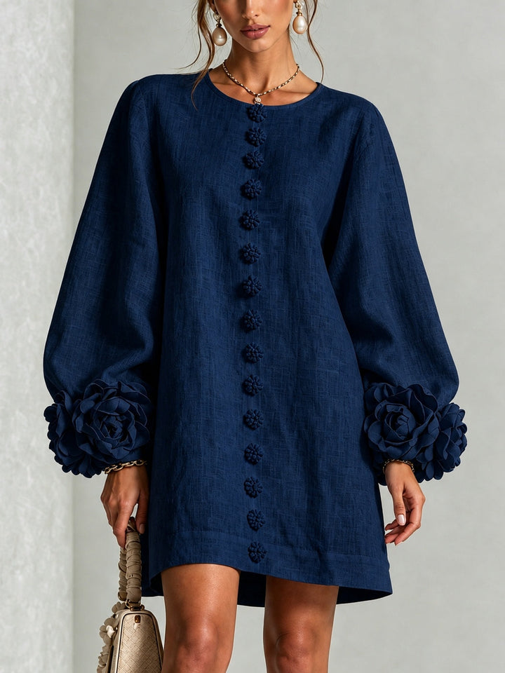 Navy Long Sleeve Floral Button-Down Mini Dress with Striking Floral Cuffs