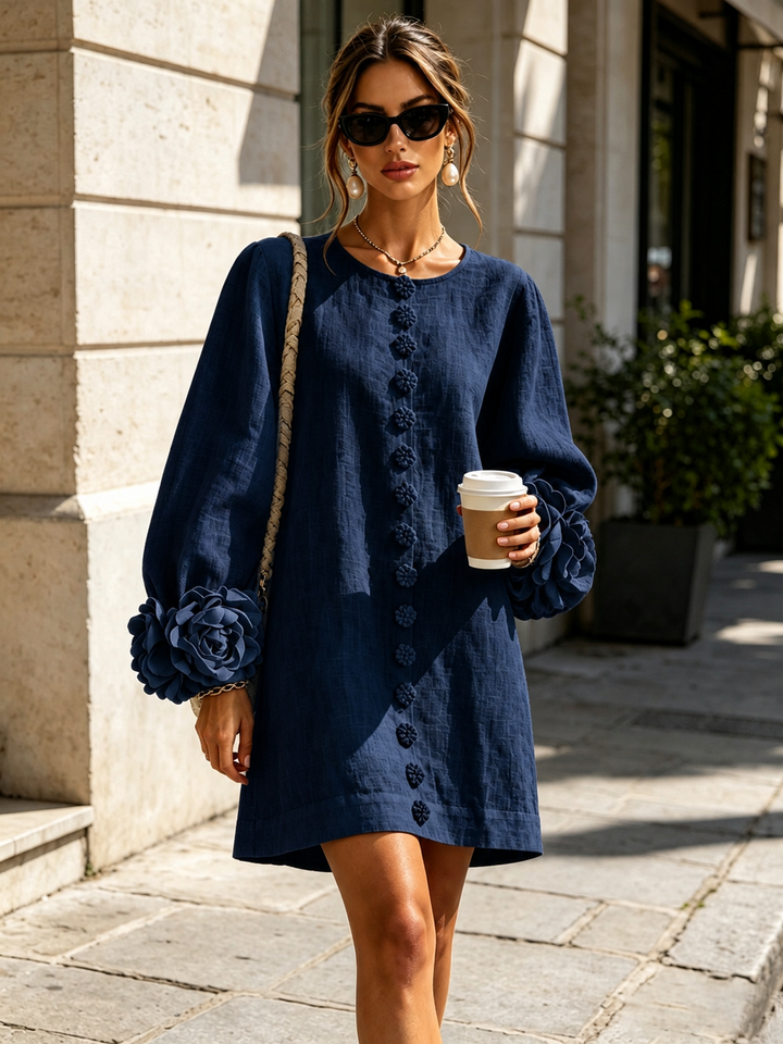 Navy Long Sleeve Floral Button-Down Mini Dress with Striking Floral Cuffs