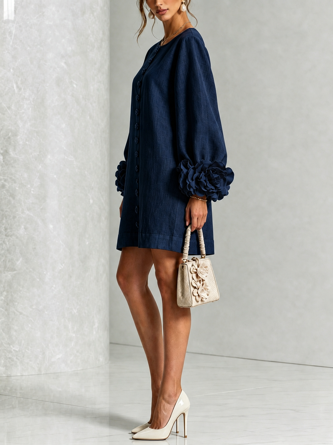 Navy Long Sleeve Floral Button-Down Mini Dress with Striking Floral Cuffs