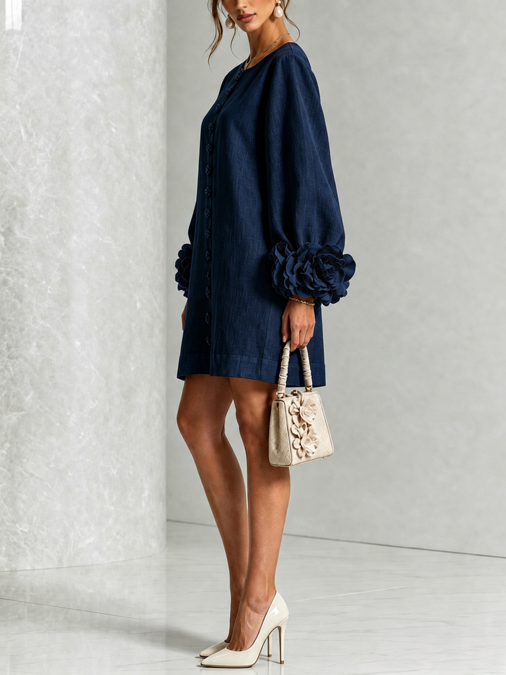 Navy Long Sleeve Floral Button-Down Mini Dress with Striking Floral Cuffs
