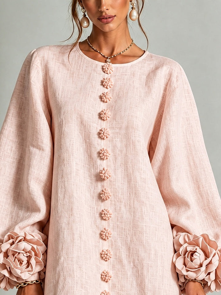 Pink Long Sleeve Floral Button-Down Mini Dress with Striking Floral Cuffs