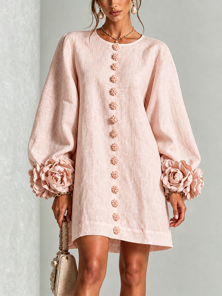 Pink Long Sleeve Floral Button-Down Mini Dress with Striking Floral Cuffs