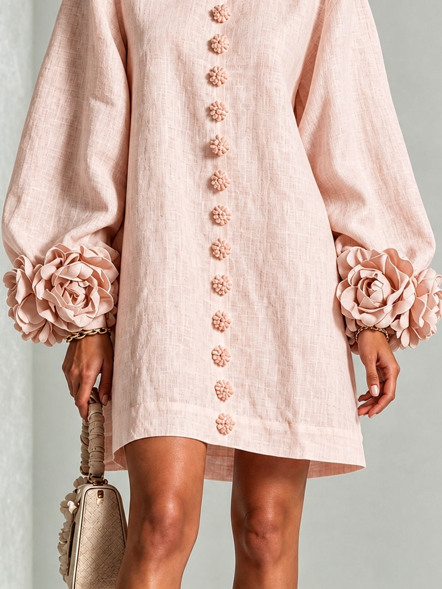 Pink Long Sleeve Floral Button-Down Mini Dress with Striking Floral Cuffs